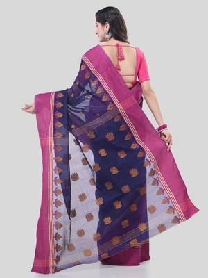 Purple Woven Cotton Leaves Handloom-Sarees Without Blouse Piece 2