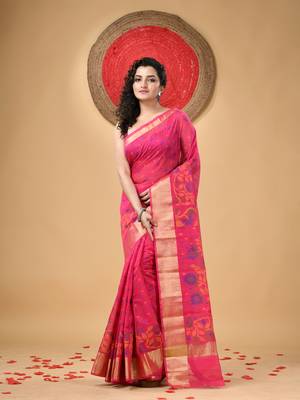 Pink Woven Cotton Silk Floral Handloom-Sarees Without Blouse Piece 1