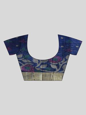 Blue Woven Cotton Silk Floral Handloom-Sarees Without Blouse Piece 5