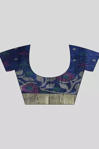 Blue Woven Cotton Silk Floral Handloom-Sarees Without Blouse Piece
