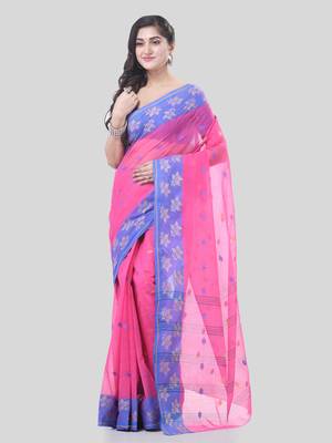 Pink Woven Cotton Floral Handloom-Sarees Without Blouse Piece 5