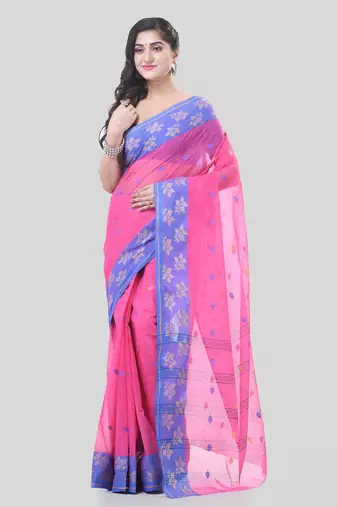 Pink Woven Cotton Floral Handloom-Sarees Without Blouse Piece