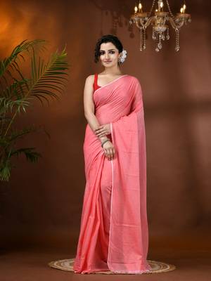 Red Woven Cotton Solid Handloom-Sarees Without Blouse Piece 1