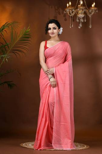 Red Woven Cotton Solid Handloom-Sarees Without Blouse Piece