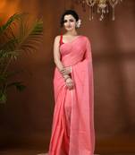 Red Woven Cotton Solid Handloom-Sarees Without Blouse Piece