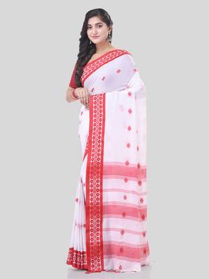 White woven cotton floral handloom-sarees with blouse piece 3