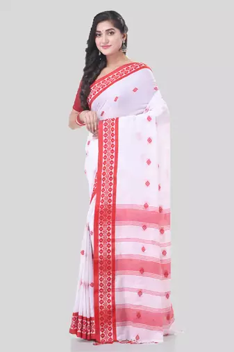 White woven cotton floral handloom-sarees with blouse piece