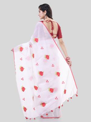 White woven cotton silk rose embroidered handloom-sarees with blouse piece 2