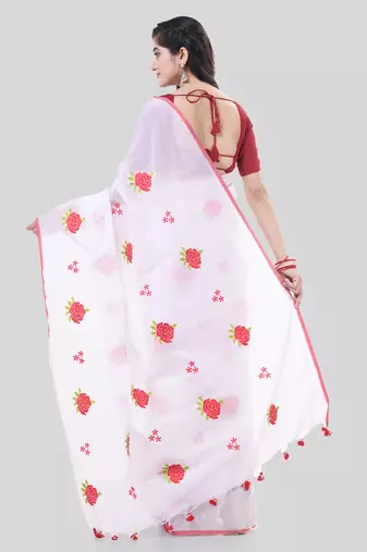 White woven cotton silk rose embroidered handloom-sarees with blouse piece