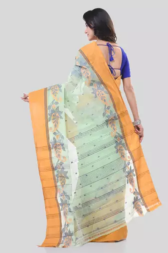 Light Green Woven Cotton Paisley Handloom-Sarees Without Blouse Piece