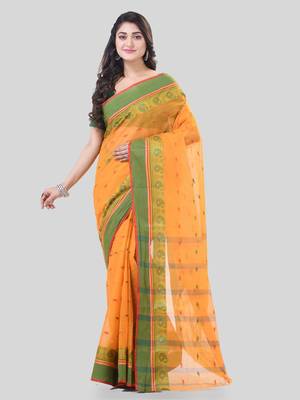 Orange Woven Cotton Paisley Handloom-Sarees Without Blouse Piece 5