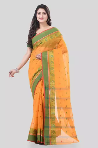 Orange Woven Cotton Paisley Handloom-Sarees Without Blouse Piece