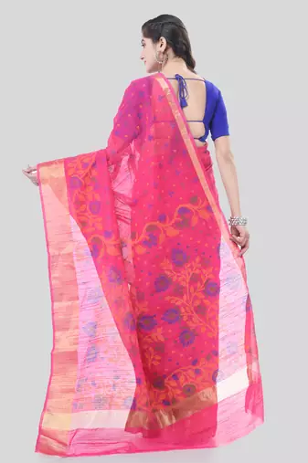Pink Woven Cotton Silk Floral Handloom-Sarees Without Blouse Piece