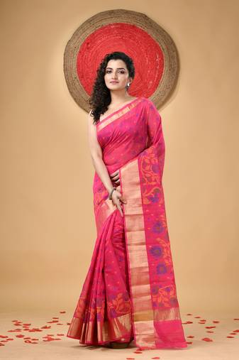 Pink Woven Cotton Silk Floral Handloom-Sarees Without Blouse Piece