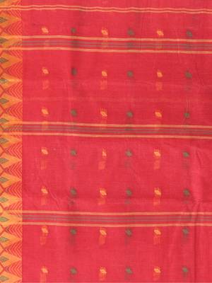Red Woven Cotton Floral Handloom-Sarees Without Blouse Piece 4