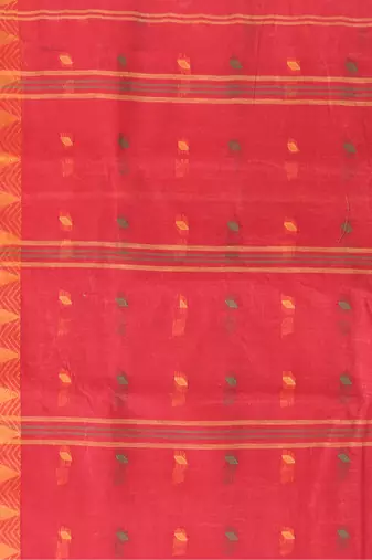 Red Woven Cotton Floral Handloom-Sarees Without Blouse Piece