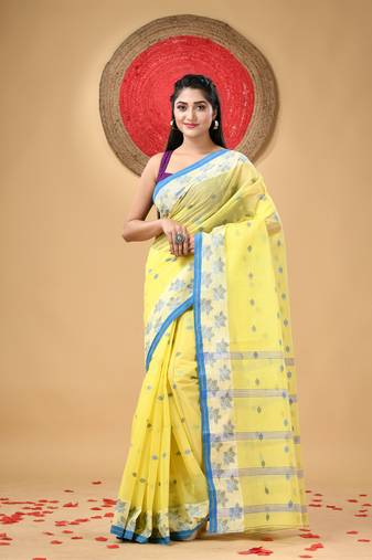 Yellow Woven Cotton Floral Handloom-Sarees Without Blouse Piece