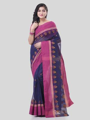 Purple Woven Cotton Leaves Handloom-Sarees Without Blouse Piece 3