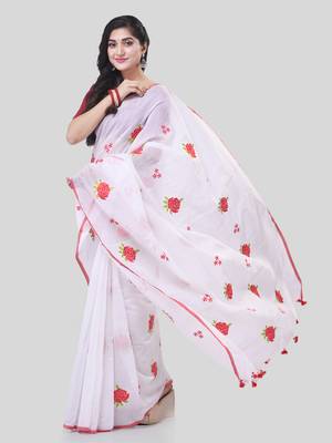 White woven cotton silk rose embroidered handloom-sarees with blouse piece 3