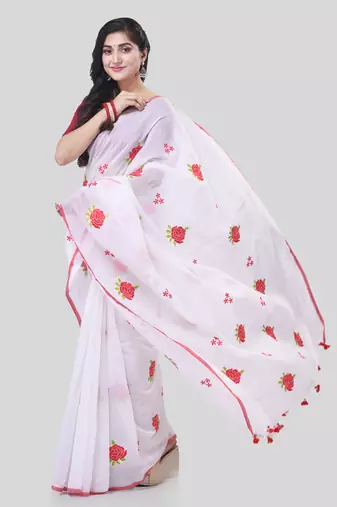 White woven cotton silk rose embroidered handloom-sarees with blouse piece