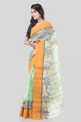 Light Green Woven Cotton Paisley Handloom-Sarees Without Blouse Piece