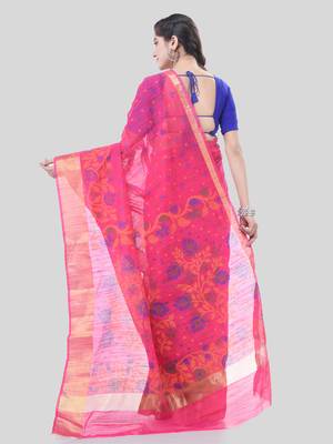 Pink Woven Cotton Silk Floral Handloom-Sarees Without Blouse Piece 2