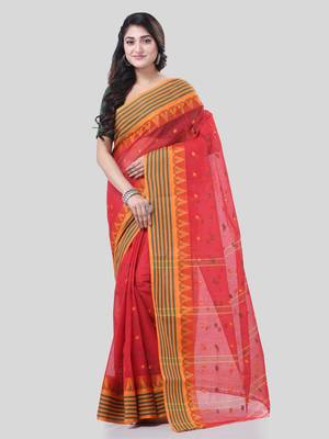 Red Woven Cotton Floral Handloom-Sarees Without Blouse Piece 5