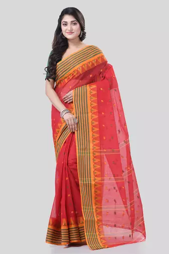 Red Woven Cotton Floral Handloom-Sarees Without Blouse Piece