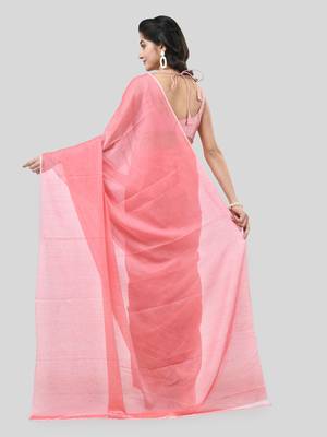 Red Woven Cotton Solid Handloom-Sarees Without Blouse Piece 2