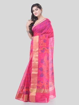Pink Woven Cotton Silk Floral Handloom-Sarees Without Blouse Piece 3