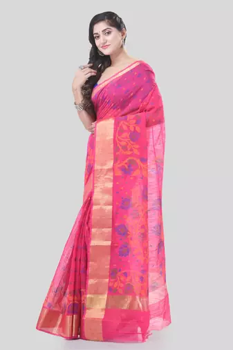 Pink Woven Cotton Silk Floral Handloom-Sarees Without Blouse Piece