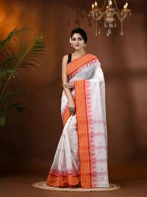 White Woven Cotton Floral Handloom-Sarees Without Blouse Piece 1