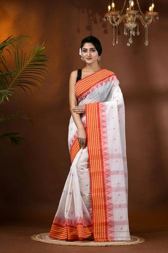 White Woven Cotton Floral Handloom-Sarees Without Blouse Piece