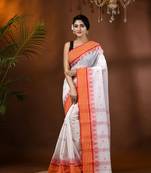 White Woven Cotton Floral Handloom-Sarees Without Blouse Piece