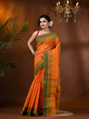 Orange Woven Cotton Paisley Handloom-Sarees Without Blouse Piece 1