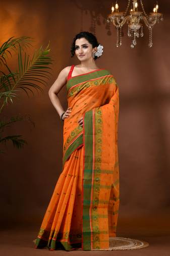 Orange Woven Cotton Paisley Handloom-Sarees Without Blouse Piece