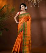 Orange Woven Cotton Paisley Handloom-Sarees Without Blouse Piece