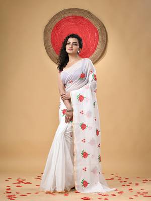 White woven cotton silk rose embroidered handloom-sarees with blouse piece 1