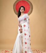 White woven cotton silk rose embroidered handloom-sarees with blouse piece