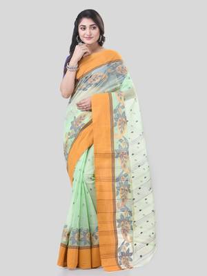 Light Green Woven Cotton Paisley Handloom-Sarees Without Blouse Piece 5