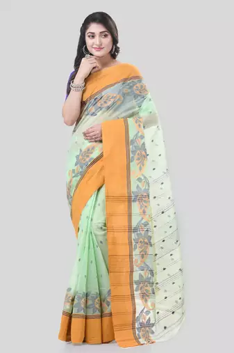 Light Green Woven Cotton Paisley Handloom-Sarees Without Blouse Piece