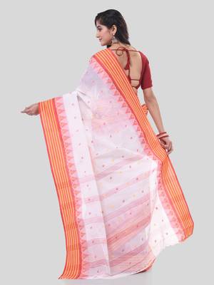 White Woven Cotton Floral Handloom-Sarees Without Blouse Piece 2