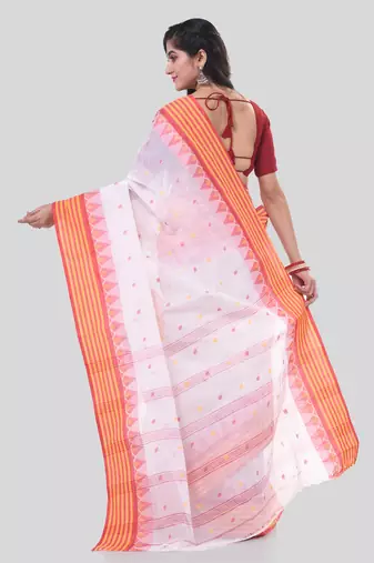White Woven Cotton Floral Handloom-Sarees Without Blouse Piece