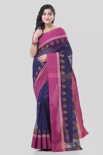 Purple Woven Cotton Leaves Handloom-Sarees Without Blouse Piece