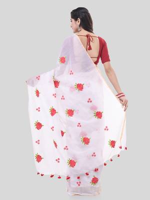 White woven cotton silk rose embroidered handloom-sarees with blouse piece 2