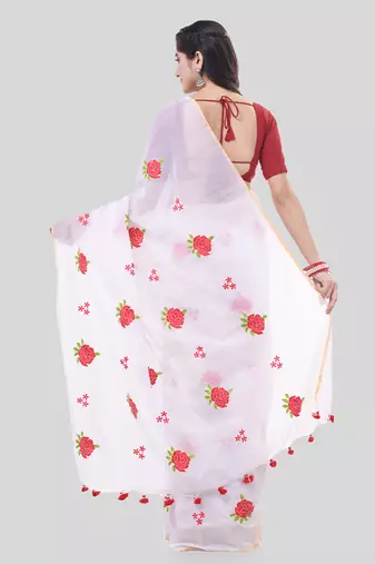 White woven cotton silk rose embroidered handloom-sarees with blouse piece