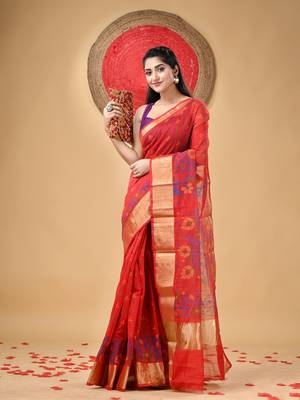 Red Woven Cotton Silk Floral Handloom-Sarees Without Blouse Piece 1