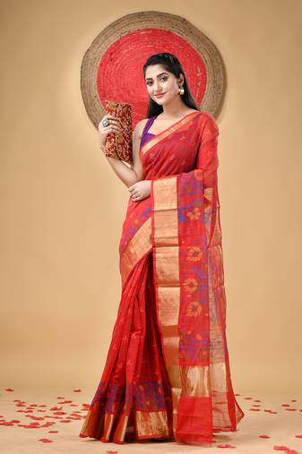 Red Woven Cotton Silk Floral Handloom-Sarees Without Blouse Piece