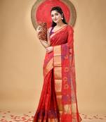 Red Woven Cotton Silk Floral Handloom-Sarees Without Blouse Piece