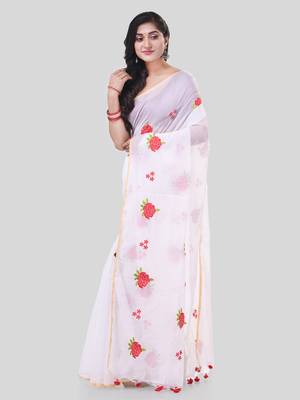 White woven cotton silk rose embroidered handloom-sarees with blouse piece 3